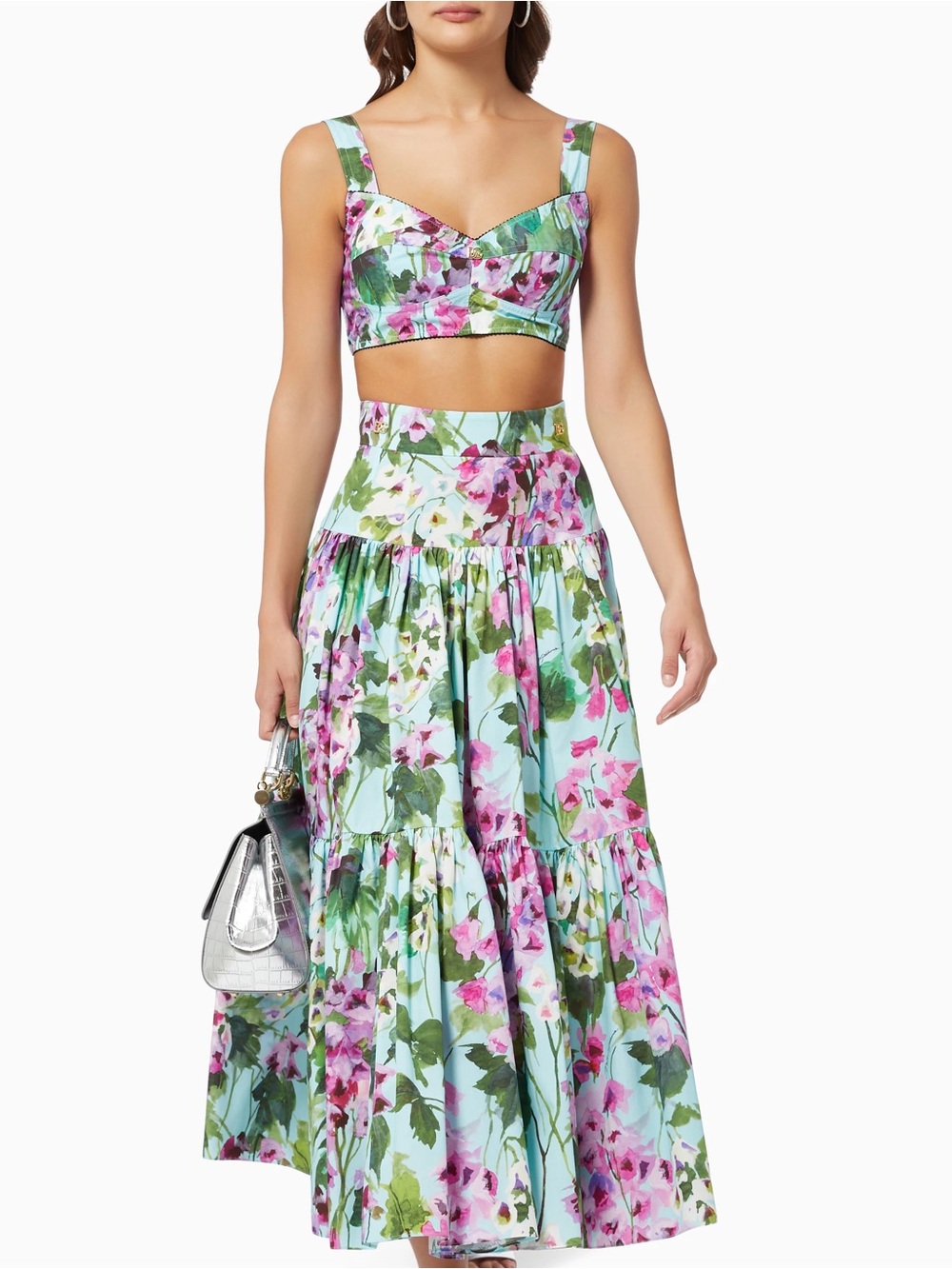 Women's Tiered Bluebell-print Cotton Poplin Midi Skirt